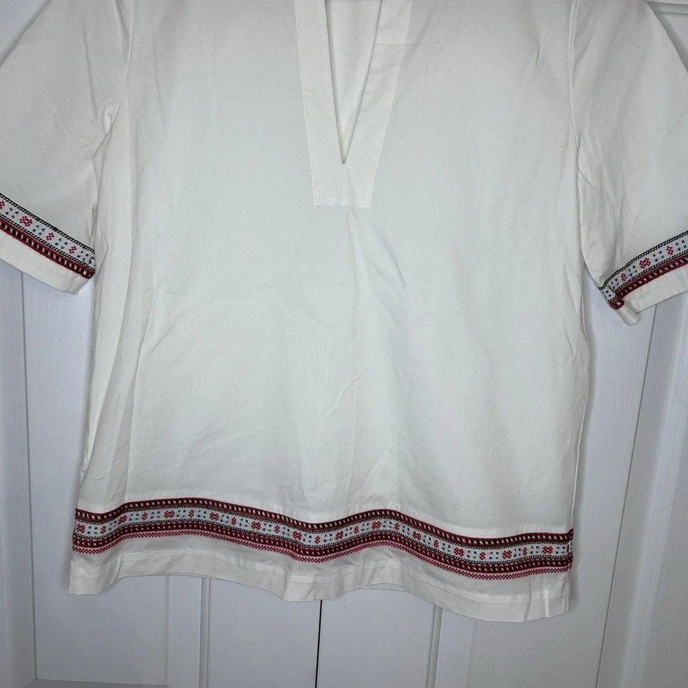 Tory Burch white poplin/red embroidery popover blouse, Size 0